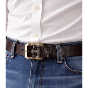Bison Denim Mens Dark Brown 100% Leather‎ Belt Brass Roller Buckle Size 46 115cm